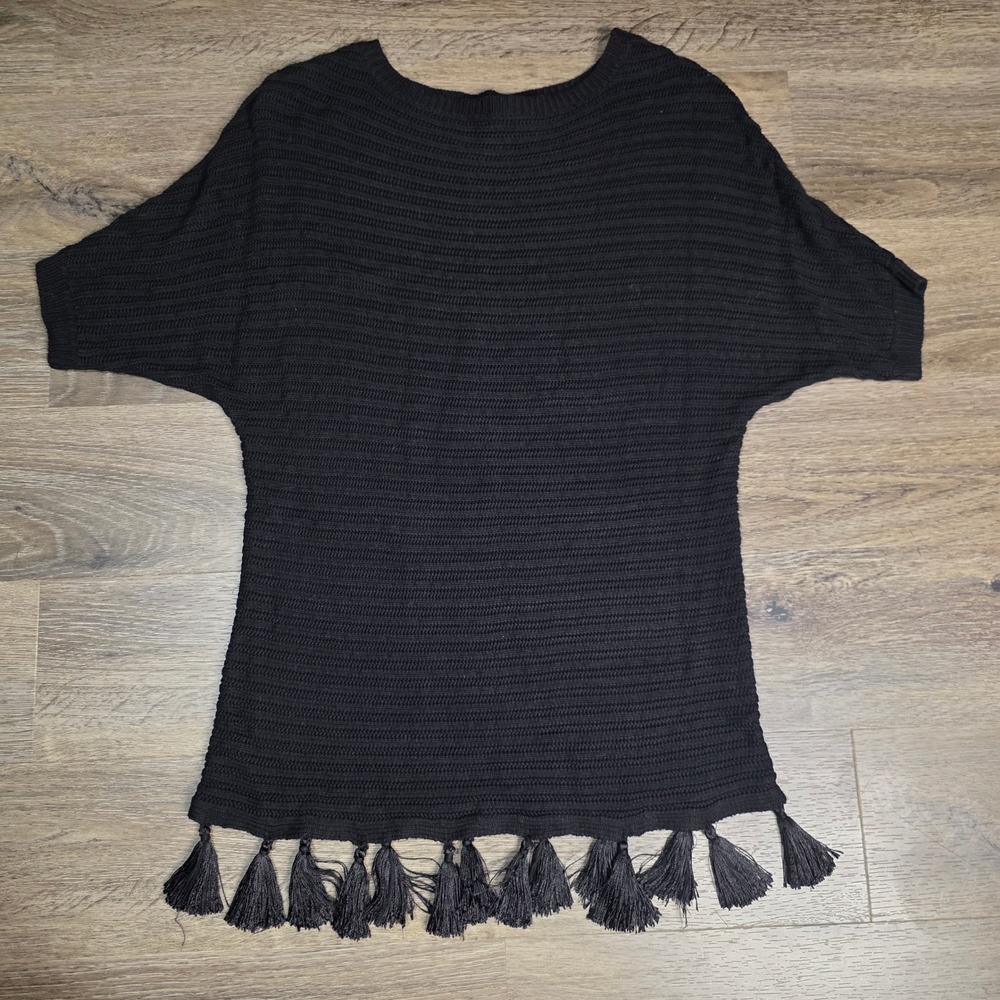 Catherine Malandrino Womens XS Knit Top Black Tassel Fringe Ribbed Dolman Sleeve